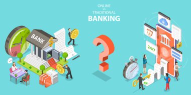 3D Isometric Flat Vector Conceptual Illustration of Online vs Traditional Banking, Pros and Cons. clipart
