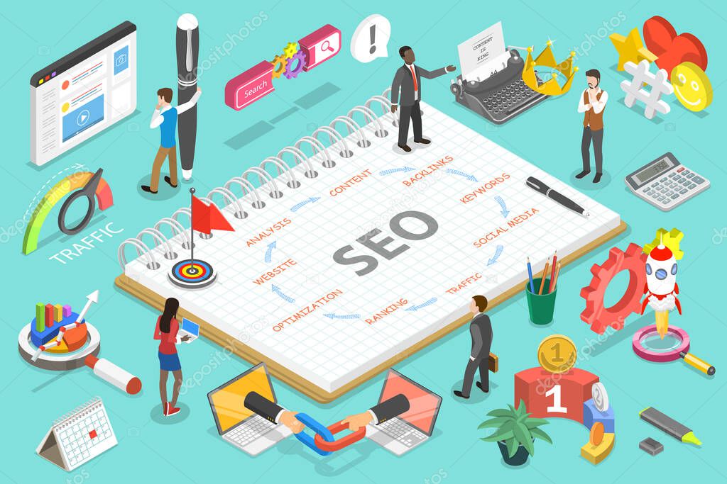 3D Isometric Vector Conceptual Illustration of Search Engine Optimization Steps as following Website, Analysis, Content, Backlinks, Keywords, Social Media, Traffic, Ranking, Optimization.