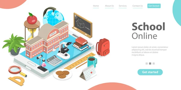 3d Online School Concept, Landing Page Template for Website. — 스톡 벡터