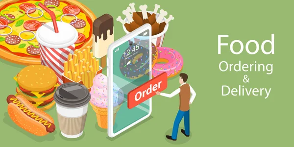 3D Isometric Flat Vector Conceptual Illustration of Food Mobile Booking. - Stok Vektor