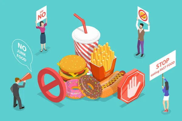 Smettere di mangiare cibo spazzatura, pericolo di fast food, nessun rischio per la salute Nutrizione. — Vettoriale Stock
