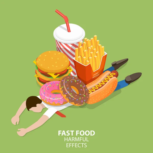 Efectos nocivos de la comida rápida, Peligro de comida chatarra, Riesgos alimentarios poco saludables. — Archivo Imágenes Vectoriales
