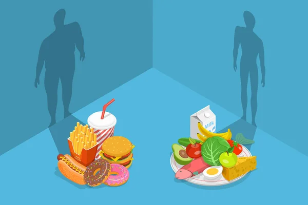 美味佳肴与均衡菜单比较：什么食物对你的身体更有好处？. — 图库矢量图片