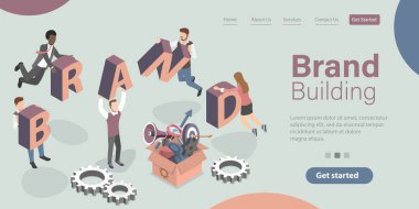 Marka Binası, Şirket Kişiliği Geliştirme. 3 Boyutlu Isometric Düz Vektör İllüstrasyonu.