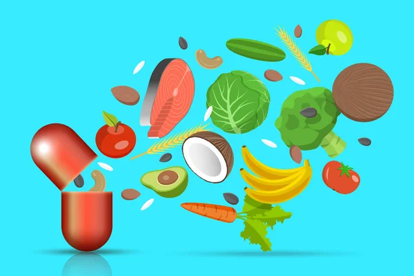 Supplément nutritionnel, vitamines et compléments alimentaires. Illustration 3D vectorielle plane isométrique. — Image vectorielle