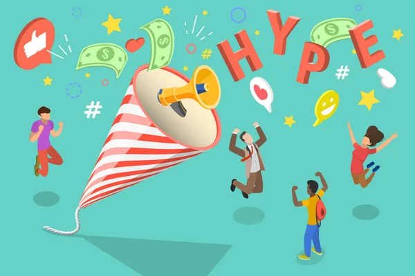 3D Isometrische platte vector Conceptuele illustratie van Hype Marketing. — Stockvector