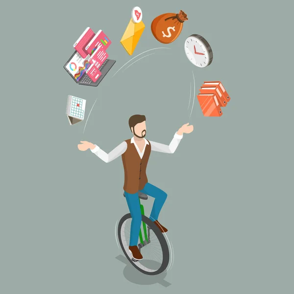 3D Isometric Flat Vector Conceptual Illustration of Successful Multitasking Businessman. — Stockový vektor