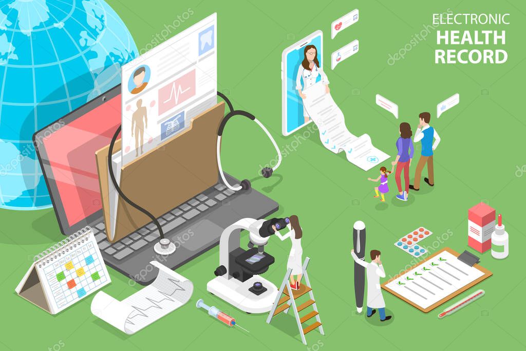 3D Isometric Flat Vector Conceptual Illustration of EHR - Electronic Health Record.