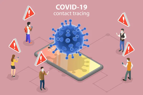 3D Isometrisk Platt Vektor Konceptuell illustration av Coronavirus Kontakt Spårning App. — Stock vektor