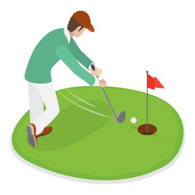 Golfçülerin 3D Isometric Düz Vektör İllüstrasyonu, Kulüpler ve Arabalarla Sahada Oyuncular. Madde 5