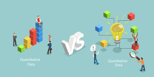 3D изометрическая плоская векторная иллюстрация качественного VS, сравнение подходов к измерению данных