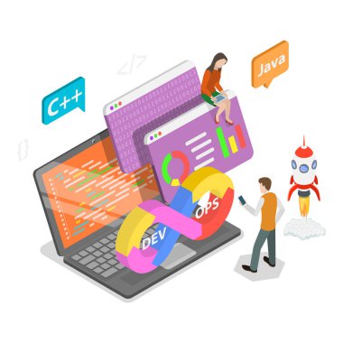 DevOps 'un 3D Isometric Düz Vektör İlülasyonu, Geliştirme ve İşletim İşlemleri Akımı. Madde 1