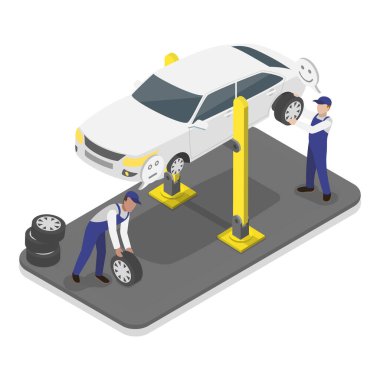 3D Isometric Flat Vlat Vector Otomobil Tamiri, Araba Kontrol Servisi. Madde 2