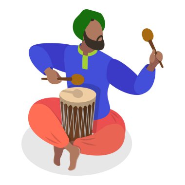 Hindistan Kültür, Sanat ve Müzik 3 boyutlu Isometric Flat Vector Seti, Hint Sokak Sanatçılarının Canlı Kültür ve Yetenek Koleksiyonu. Madde 1