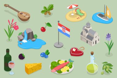 Hırvatistan Ulusal Sembollerinin 3D Isometric Flat Vektör İlülasyonu, Kentin Tarihi, Kültür ve Doğa Elementleri