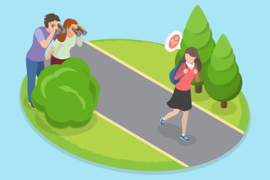 Aşırı korumacı ebeveynlerin 3D Isometric Düz Vektör İllüstrasyonu, Kendi Çocuklarını İzleme