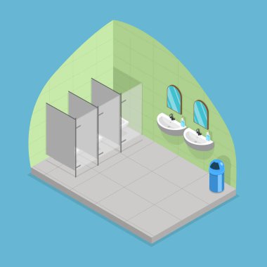 Halkın kendini rahatlatmak ve kişisel hijyenini korumak için kullandığı 3 Boyutlu Kamu Banyosu 'nun 3 Boyutlu İsometrik Flat Vektör İlülasyonu