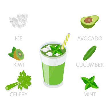 Smoothie Recipes 'in 3D Isometric Düz Vektör İllüstrasyonu, Yaz İçeceklerini Tazeleme. Madde 2