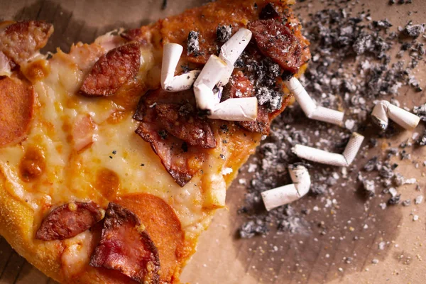 Cigarette Butts Remains Pizza Consequences Drunken Party — Stock Photo, Image