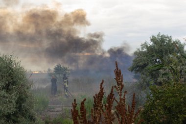 Yangın motorunda bir itfaiye, bir orman ateşi söndürür. Rus-itfaiye arabası ve Odessa arabada yazıtlar. 2019.06. 08. Odessa 'da. Ukrayna.