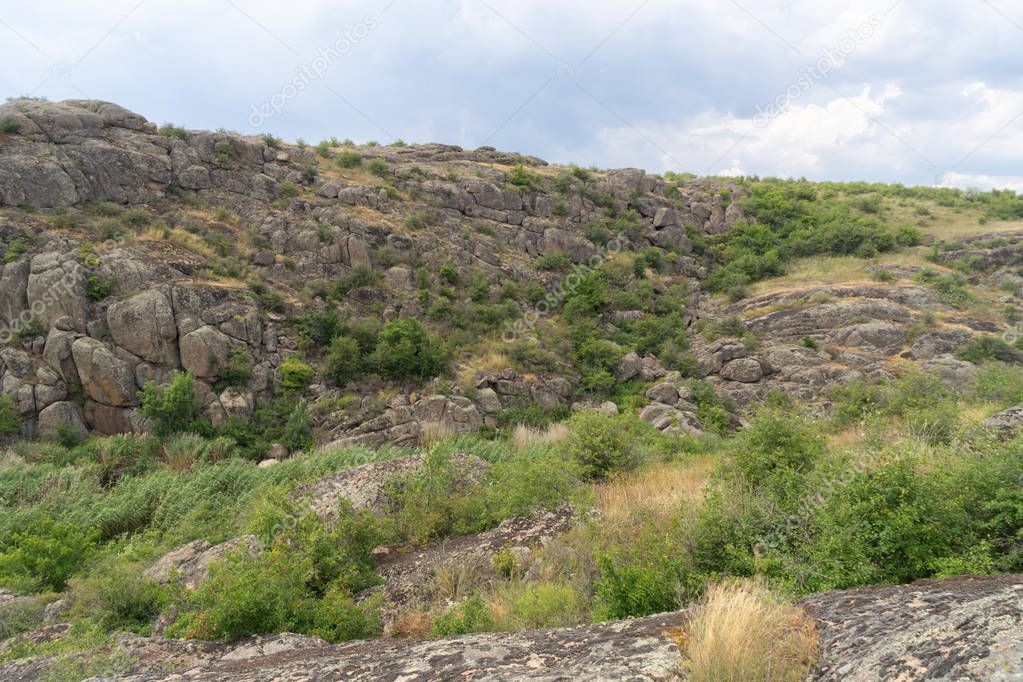 Large granite canyon. Village Aktove. Ukraine. Beautiful stone l