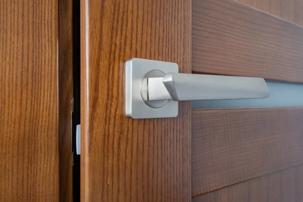 Beautiful walnut door with narrow frosted glass and aluminum han — Stock Photo, Image