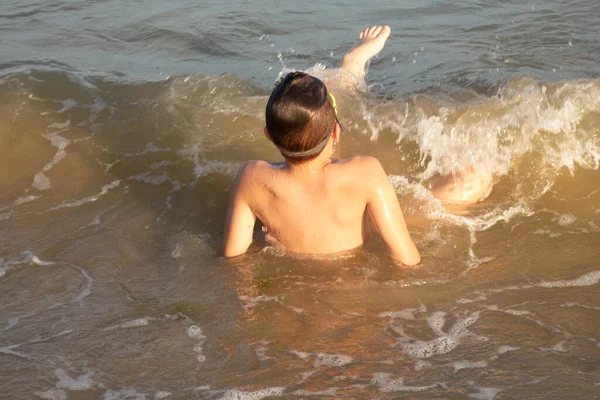 Boy Years Old Enjoys Swimming Coastal Waves Sea — Stock Photo, Image