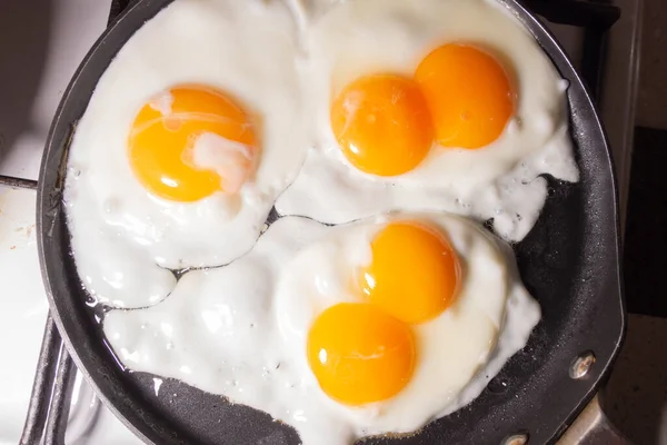 Fried eggs in a frying pan top view. An egg with two yolks