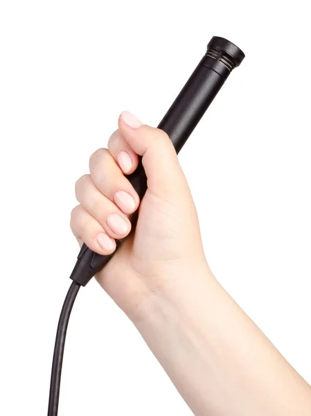 Mão Com Microfone Isolado Fundo Branco — Fotografia de Stock