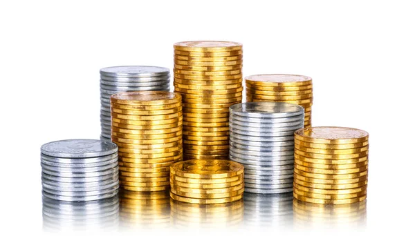 Towers Made Out Gold Silver Coins White Background — Stock Photo, Image