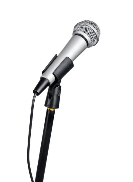 Silver Mikrofon Med Svart Tråd Isolerad Vit Stockbild