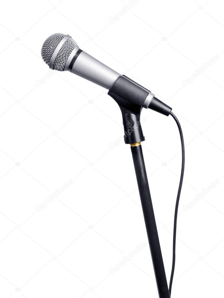 Silver microphone with black wire isolated on white