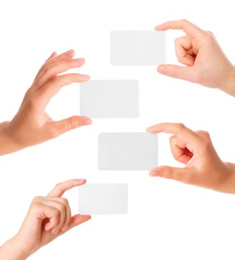 Bir iş üzerinde beyaz izole kart, koleksiyon, elele