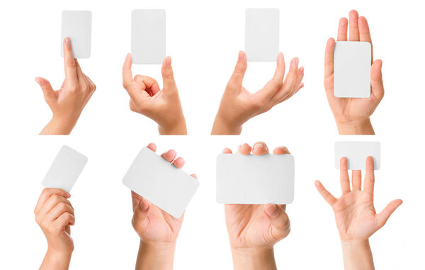 Руки держат визитку, коллекцию, изолированные на белом
