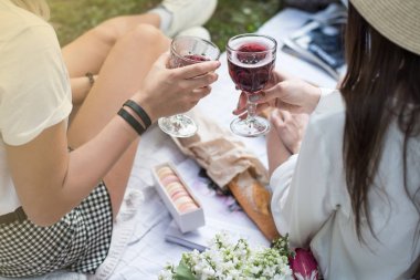 Güzel genç kızlar kız üzerinde piknik bir yaz gününde. Boş zaman, gizlilik, iletişim, tatil, turizm kavramı. Beyaz şarap, en iyi Manzaralı Çift tungur gözlük.