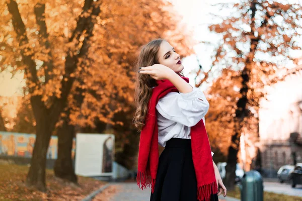 Straat Portret Van Mooie Jongedame Stijlvolle Klassieke Kleding Dragen Model — Stockfoto