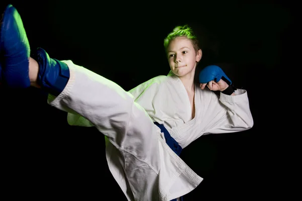 Young Boy Training Karate Black Background Blue Belt Mitts Karate — Stock Photo, Image