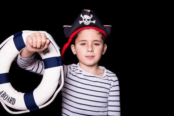 Little Boy Wearing Pirate Costume Black Background Studio Portrait Happy — Stock Photo, Image