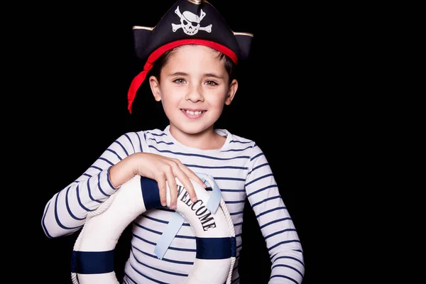 Little Boy Wearing Pirate Costume Black Background Studio Portrait Happy — Stock Photo, Image