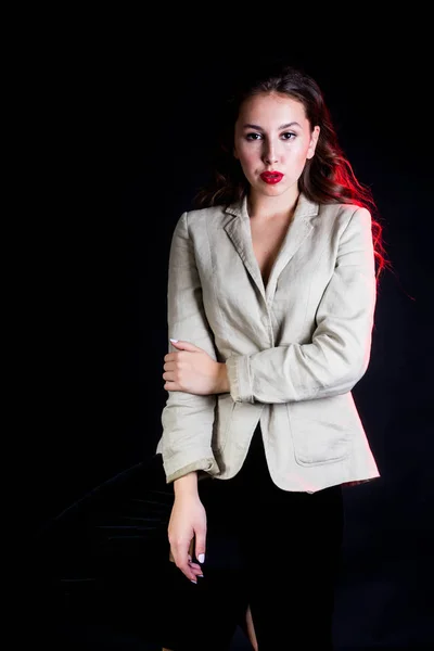 Elegant Woman Black Background Red Light Studio Shot High Fashion — Stock Photo, Image