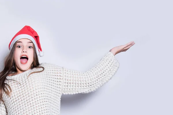 Noël Mas Personnes Publicité Concept Vente Portrait Adolescente Heureuse Chapeau — Photo