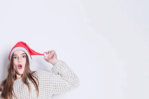 Noël Les Gens Concept Vente Portrait Adolescente Heureuse Chapeau Santa — Photo