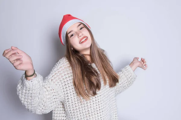 Noël Les Gens Concept Vente Portrait Adolescente Heureuse Chapeau Santa — Photo