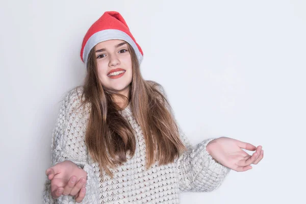 Noël Les Gens Concept Vente Portrait Adolescente Heureuse Chapeau Santa — Photo