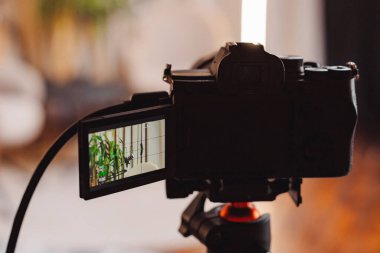 Podcast sunucuları sıcak bir ev stüdyosundaki mikrofon ve kamera kullanarak iç içe geçen tartışmaları kaydediyorlar. Kurulum dinleyiciler ve izleyiciler için net ses ve görüntü kalitesini destekler.