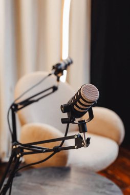 Kayıt için iki mikrofon standlara yerleştirilirken, rahat bir sandalye de görüşmeler için cazip bir atmosferi işaret ediyor. Doğal ışıklandırma konforlu ayarları geliştirir.