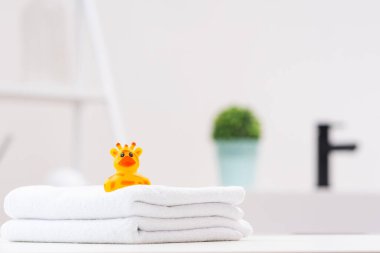 Renkli bir plastik ördek banyoda düzgünce katlanmış beyaz havluların üzerinde oturur. Yumuşak dekor huzurlu ve davetkar bir atmosfer yaratıyor. Rahatlamak için ideal..