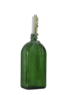 candle in the vintage green bottle isolated on white clipart