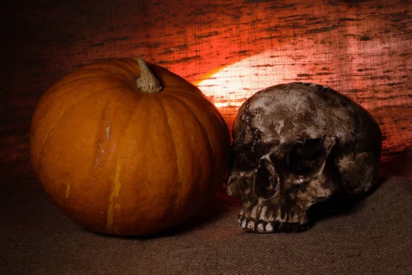 Crânio humano com luz vermelha no fundo têxtil marrom, conceito de decorações de Halloween — Fotografia de Stock