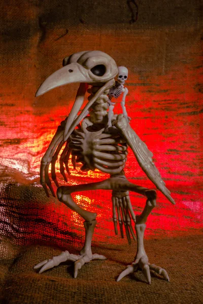 Скелет Ворона і маленький людський скелет з червоним світлом на коричневому текстильному фоні, концепція прикрас Хеллоуїна — стокове фото